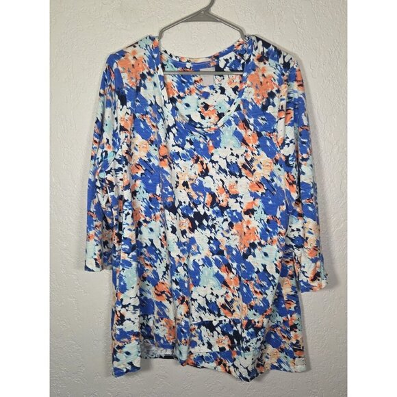 Chico's Watercolor Floral Tee Women's Size XXL Stretchy Soft 3/4 Sleeves - Picture 1 of 6